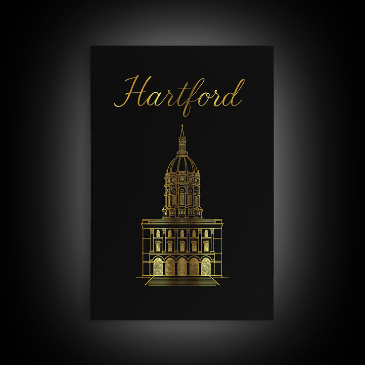 Hartford Travel Poster, Framed Canvas Print, Dark Minimalist Wall Art, Hartford Travel Art, Living Room Wall Art, Modern Wall Decor