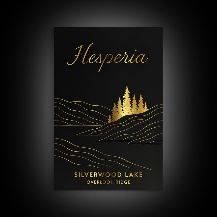 Hesperia Travel Poster, Framed Canvas Print, Dark Minimalist Wall Art, Hesperia Travel Art, Vintage City Art, City Illustration