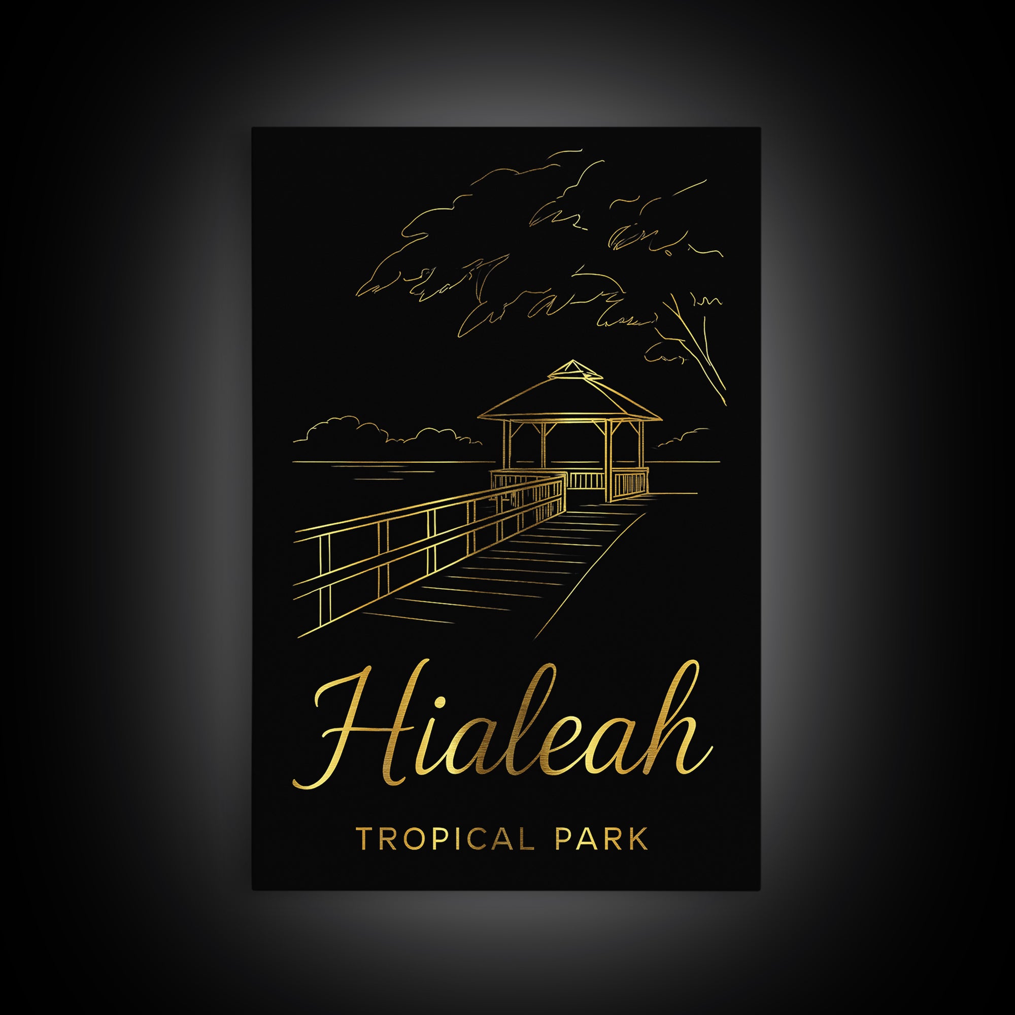 Hialeah Florida Travel Poster, Framed Canvas Print, Black Gold Minimalist Art, Hialeah Wall Art, Travel Poster Art, Retro Travel Print