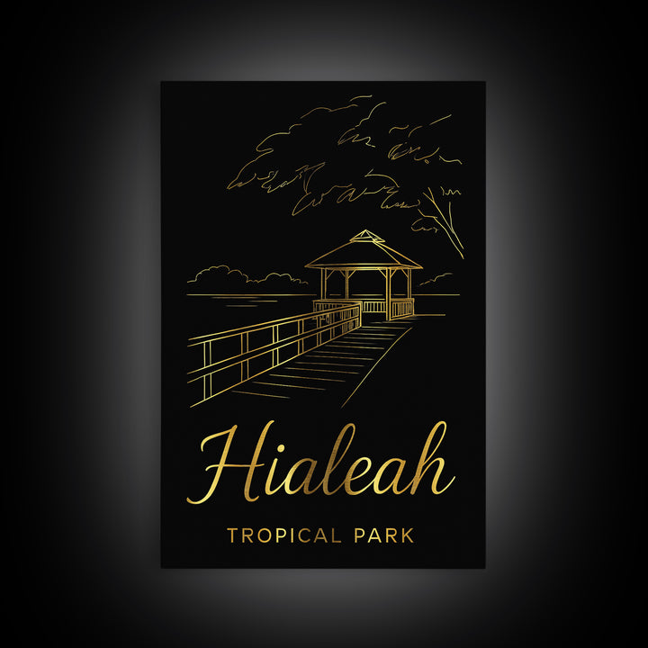 Hialeah Florida Travel Poster, Framed Canvas Print, Black Gold Minimalist Art, Hialeah Wall Art, Travel Poster Art, Retro Travel Print