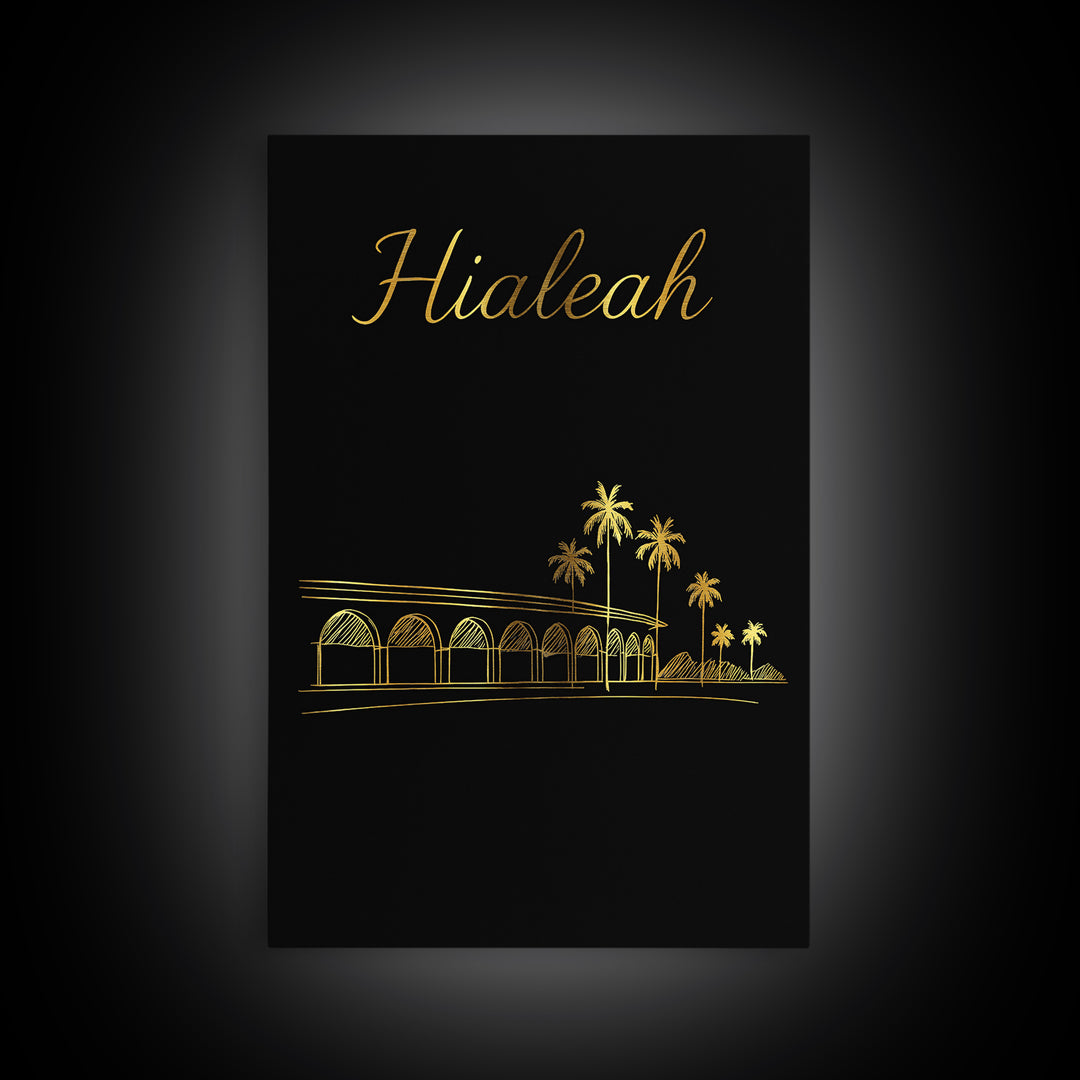 Hialeah Travel Poster, Canvas Print, Gold Outline Poster Art, Hialeah Art Print, Watercolor City Skyline, City Art Print, Wall Art