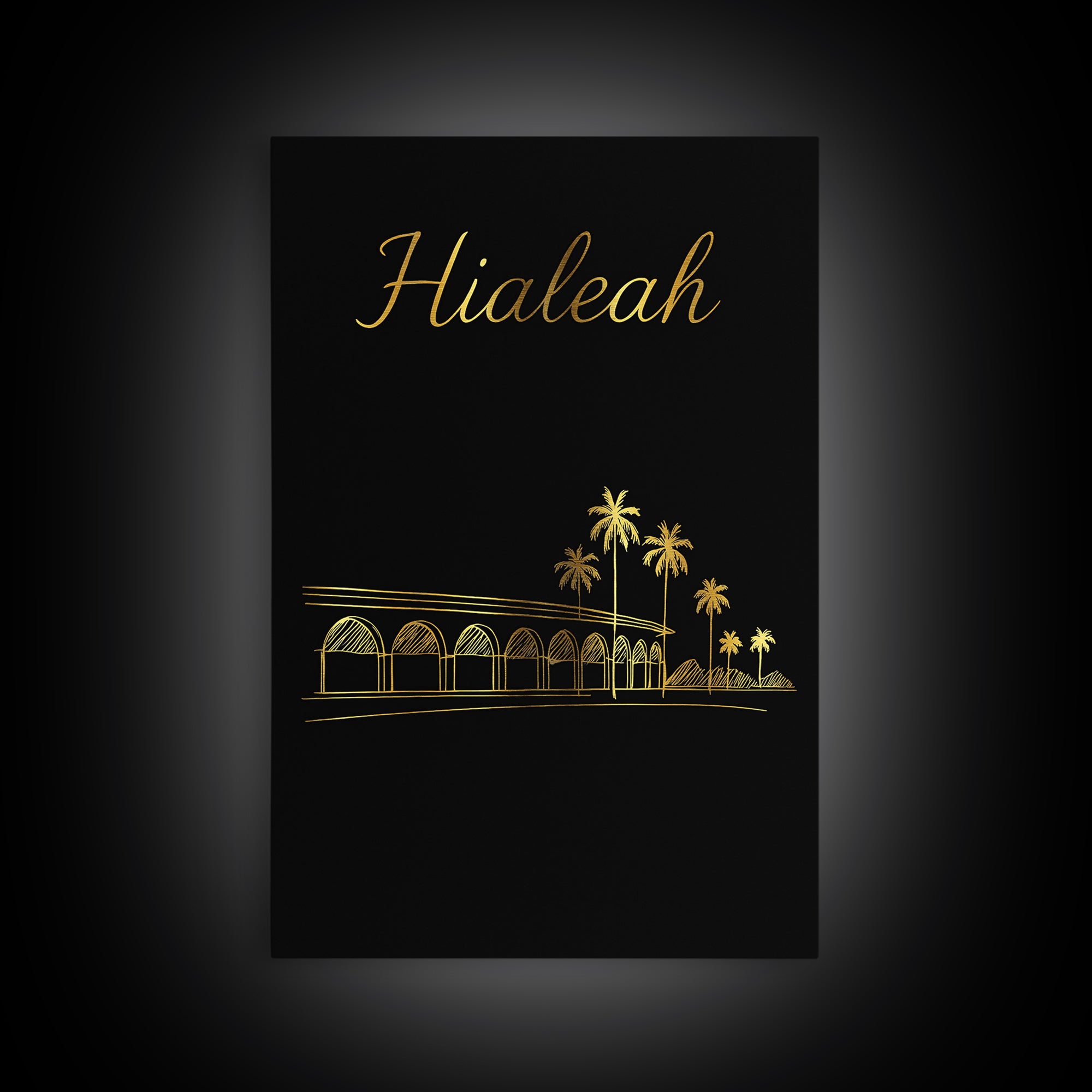 Hialeah Travel Poster, Canvas Print, Gold Outline Poster Art, Hialeah Art Print, Watercolor City Skyline, City Art Print, Wall Art