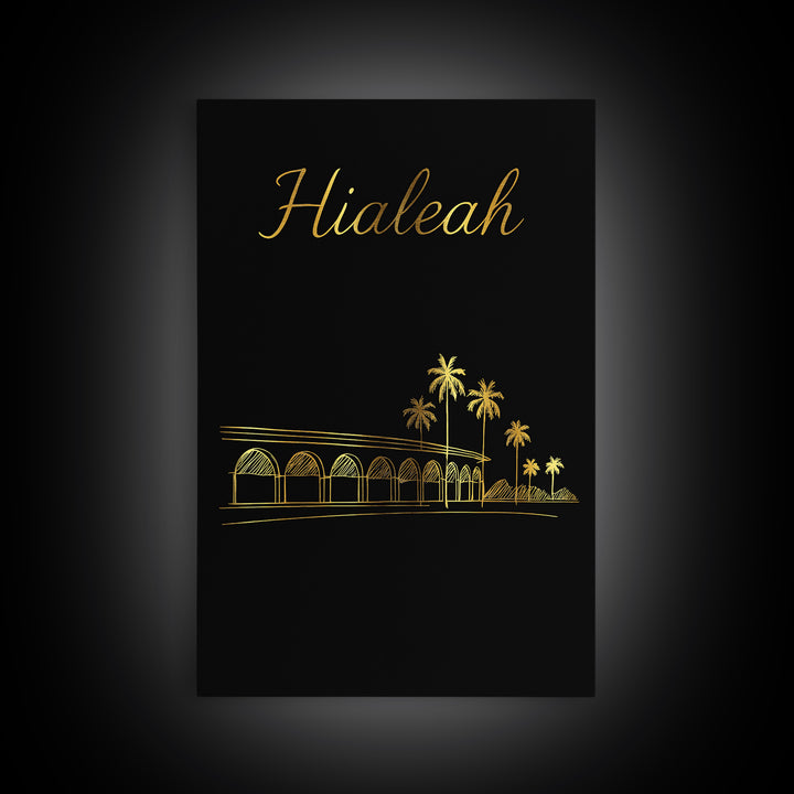 Hialeah Travel Poster, Canvas Print, Gold Outline Poster Art, Hialeah Art Print, Watercolor City Skyline, City Art Print, Wall Art