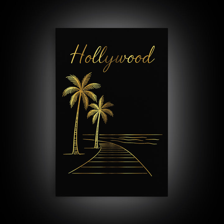 Hollywood Florida Travel Poster, Canvas Print, Black Gold Minimalist Art, Hollywood Art Print, Travel Art Print, Travel Print, Design 1