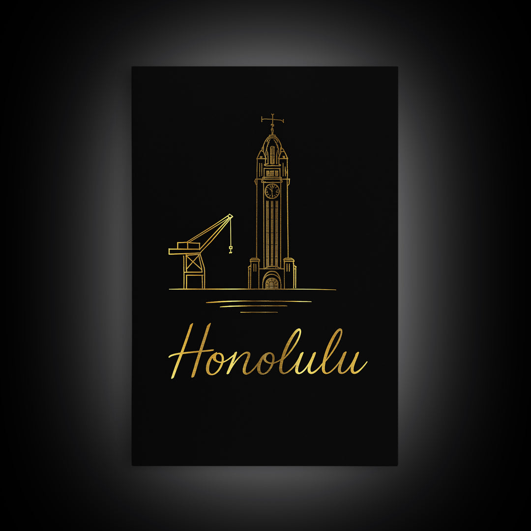 Honolulu Hawaii Travel Poster, Canvas Print, Gold Outline Poster Art, Honolulu City Art, Wall Art, Gift For Travelers, Poster Art