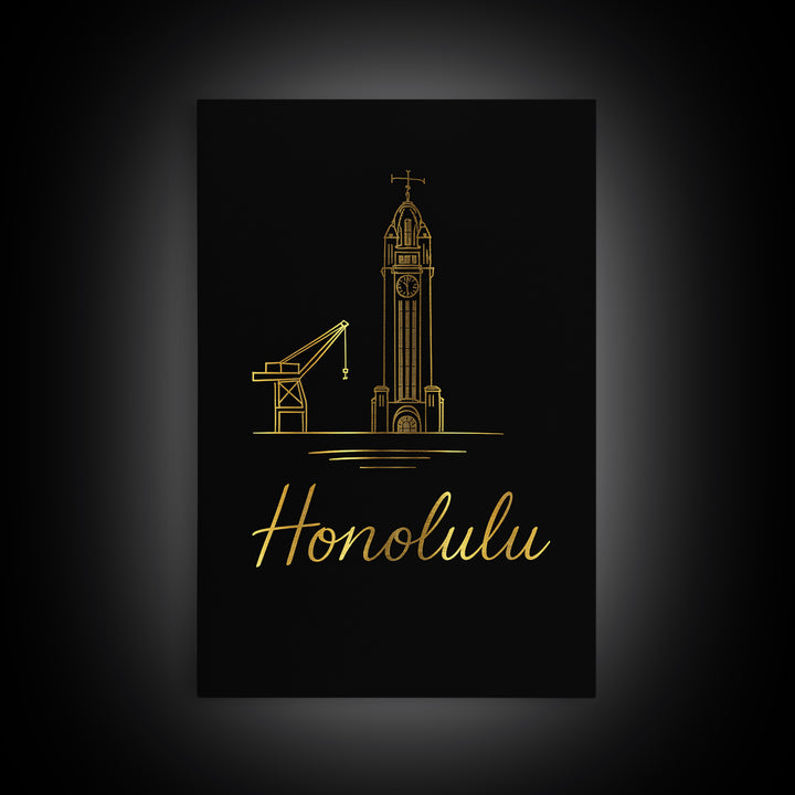 Honolulu Hawaii Travel Poster, Canvas Print, Gold Outline Poster Art, Honolulu City Art, Wall Art, Gift For Travelers, Poster Art