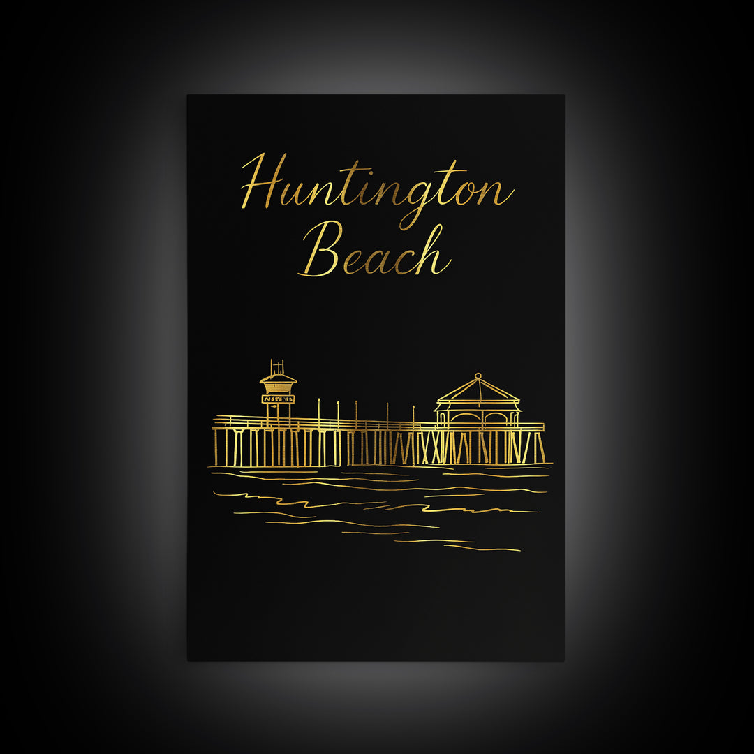 Huntington Beach Travel Poster, Canvas Print, Minimalist Gold Line Art, Huntington Beach Poster Print, Travel Poster Set, Retro Travel Print