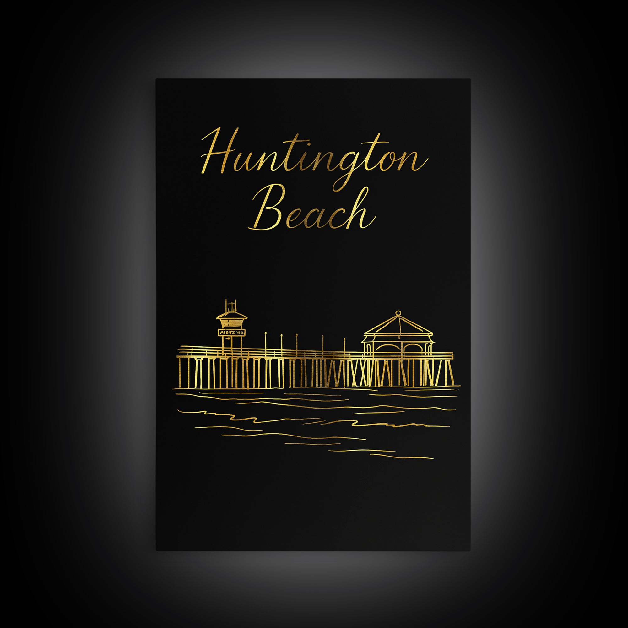 Huntington Beach Travel Poster, Canvas Print, Minimalist Gold Line Art, Huntington Beach Poster Print, Travel Poster Set, Retro Travel Print
