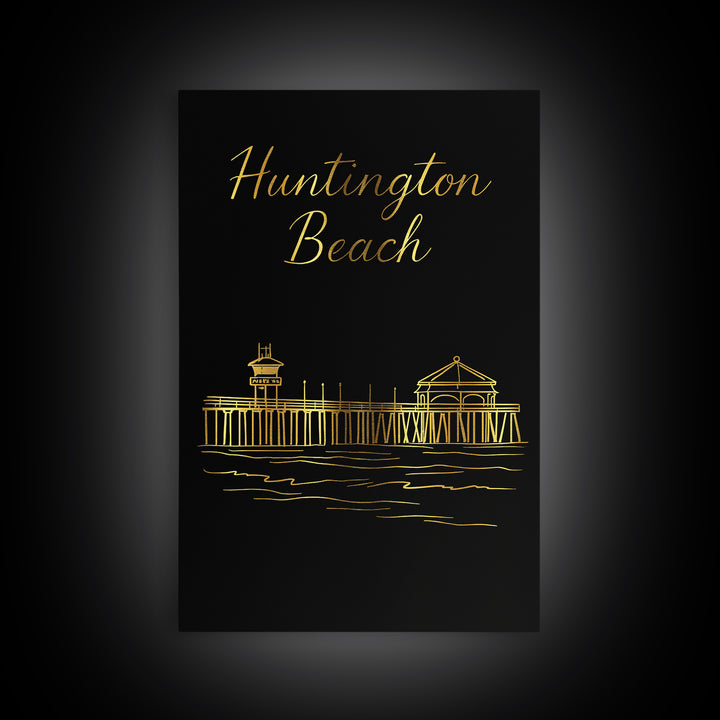 Huntington Beach Travel Poster, Canvas Print, Minimalist Gold Line Art, Huntington Beach Poster Print, Travel Poster Set, Retro Travel Print