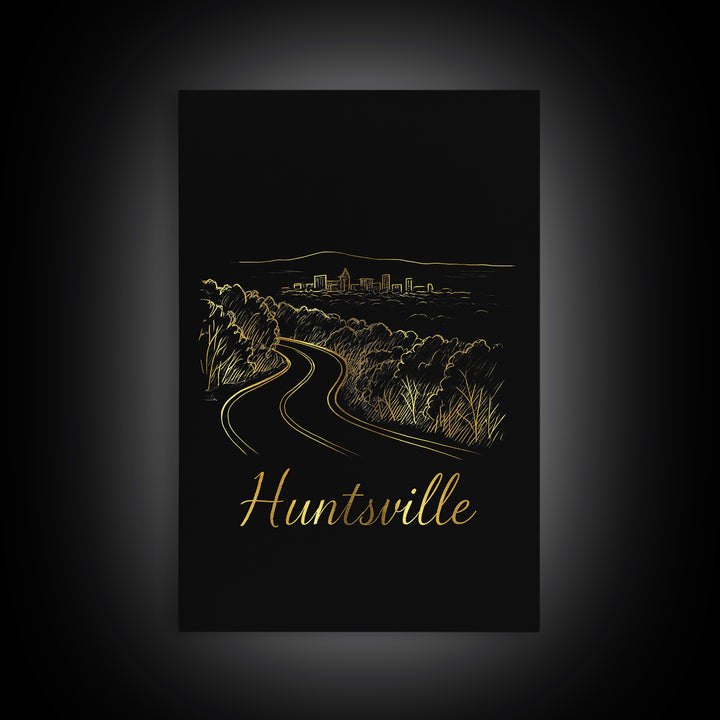 Huntsville Alabama Travel Poster, Canvas Print, Minimalist Gold Line Art, Huntsville Poster Print, Travel Poster Art, Watercolor Skyline