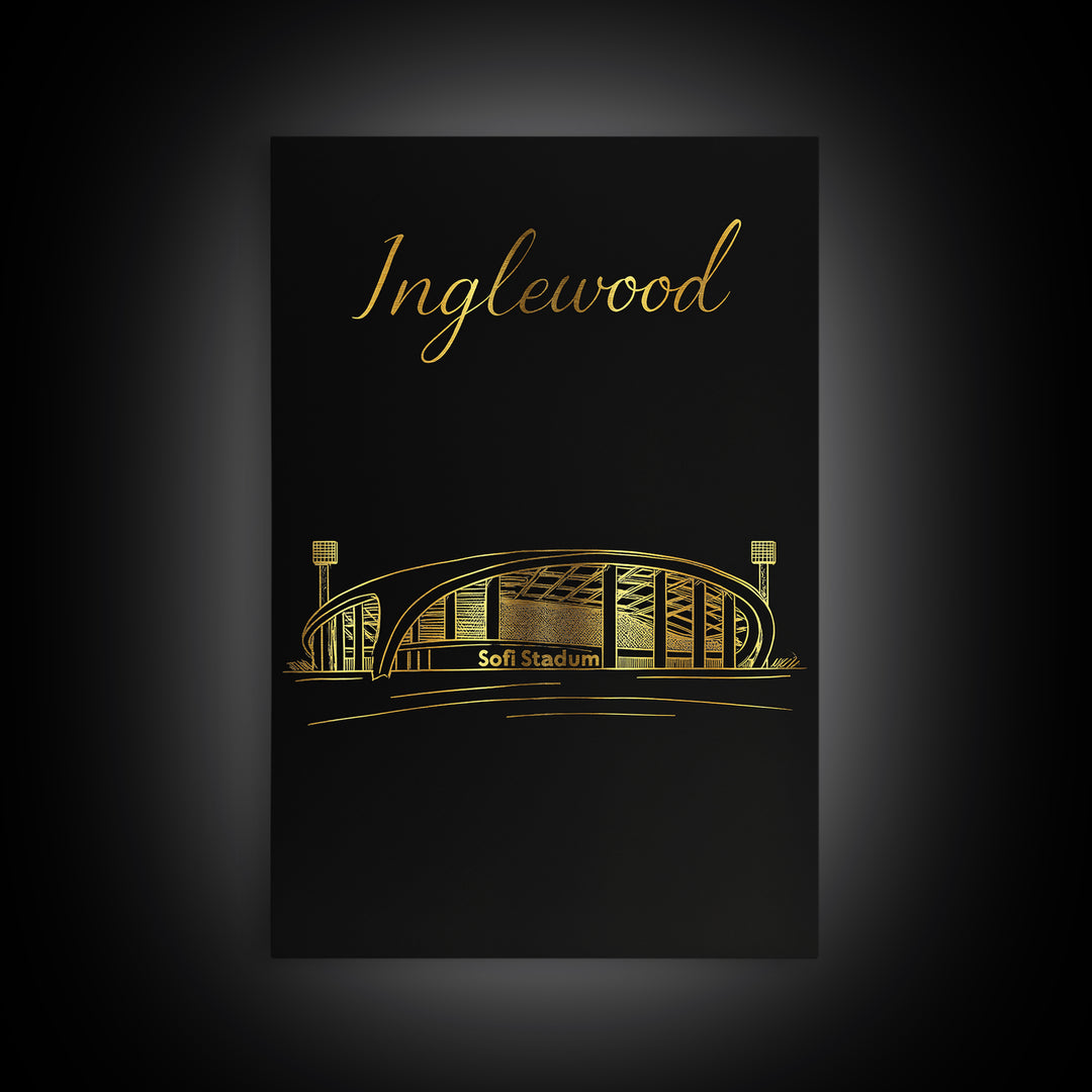 Inglewood Travel Poster, Framed Canvas Print, Minimalist Gold Line Art, Inglewood City Art, Travel Art Print, Vintage Travel Art