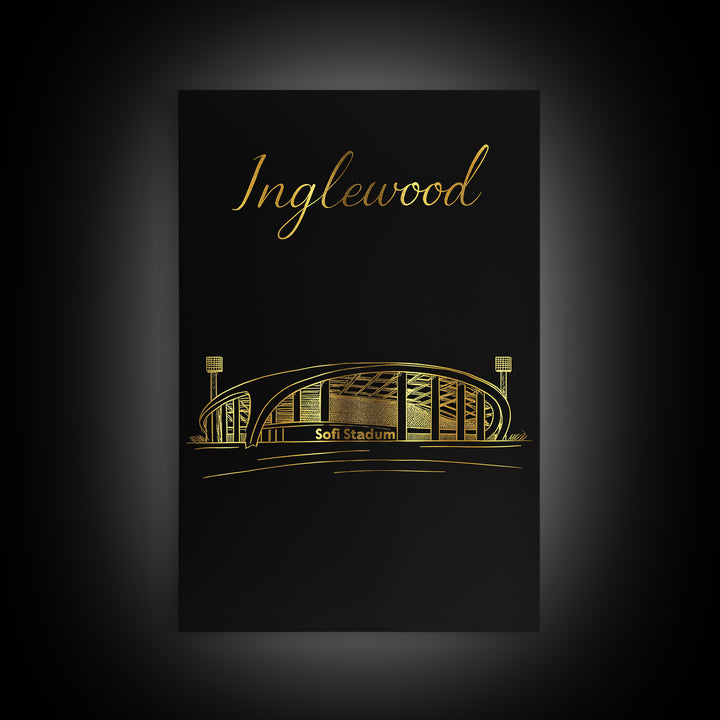 Inglewood Travel Poster, Framed Canvas Print, Minimalist Gold Line Art, Inglewood City Art, Travel Art Print, Vintage Travel Art
