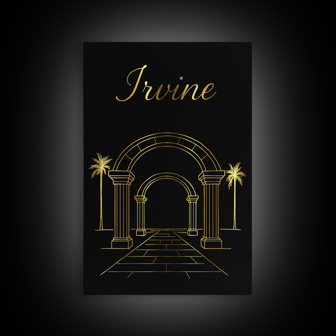 Irvine Travel Poster, Canvas Print, Gold Outline Poster Art, Irvine Poster Print, Travel Wall Art, City Art Print, Living Room Wall Art