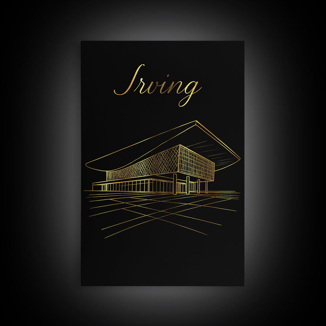 Irving Texas Travel Poster, Canvas Print, Gold Outline Poster Art, Irving Wall Art, Vintage City Art, City Art Print, Vintage Travel Art