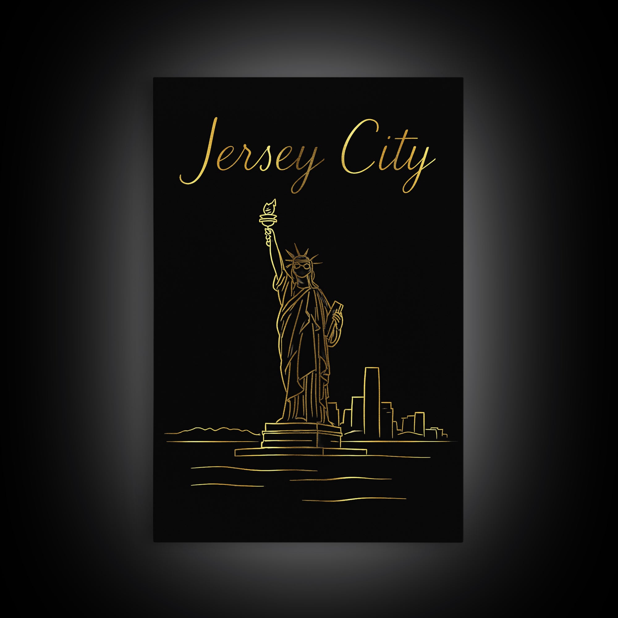 Jersey City Travel Poster, Framed Canvas Print, Black Gold Minimalist Art, Jersey City Poster Print, Living Room Wall Art, Travel Art Print