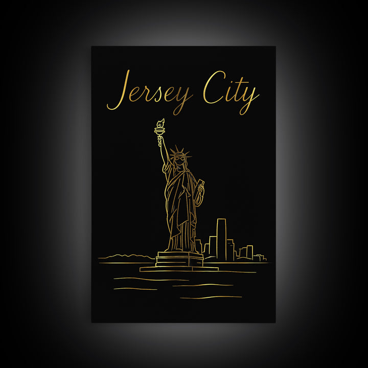 Jersey City Travel Poster, Framed Canvas Print, Black Gold Minimalist Art, Jersey City Poster Print, Living Room Wall Art, Travel Art Print