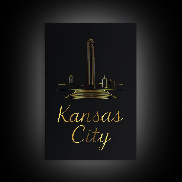 Kansas City Travel Poster, Framed Canvas Print, Black Gold Minimalist Art, Kansas City Wall Art, Vintage Travel Print, Vintage City Art