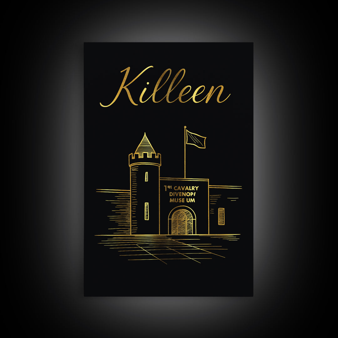 Killen Travel Poster, Framed Canvas Print, Minimalist Gold Line Art, Killen City Art, Mid Century Wall Art, City Art Print, Fine Art Print