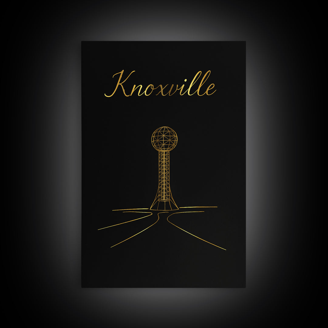 Knoxville Tennessee Travel Poster, Canvas Print, Gold Outline Poster Art, Knoxville City Art, Travel Art, Travel Art Print, Skyline Art