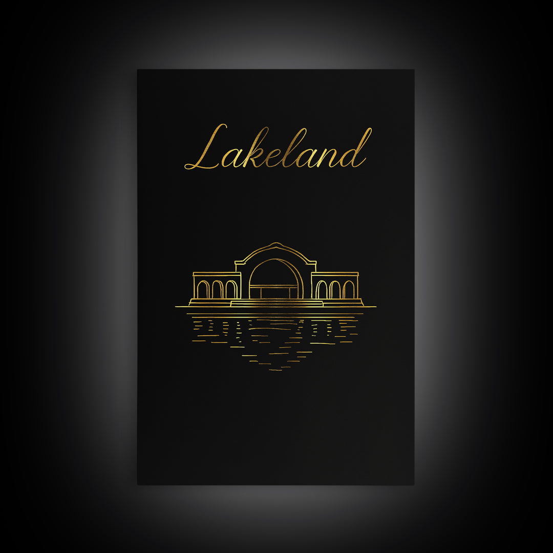 Lakeland Travel Poster, Framed Canvas Print, Minimalist Gold Line Art, Lakeland Wall Art, Watercolor Skyline, Travel Art Print
