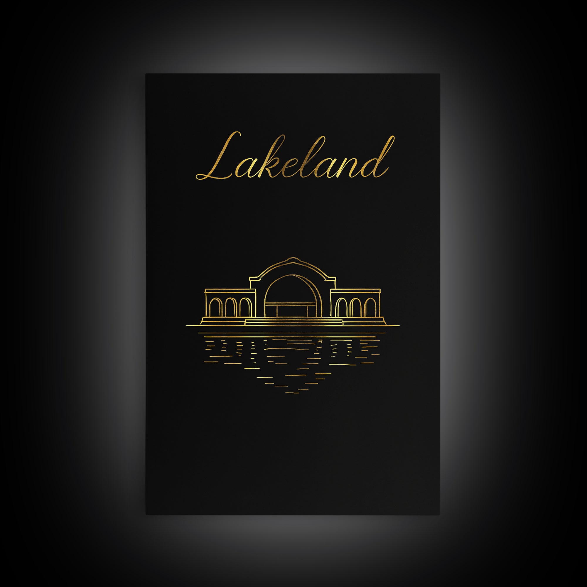Lakeland Travel Poster, Framed Canvas Print, Minimalist Gold Line Art, Lakeland Wall Art, Watercolor Skyline, Travel Art Print