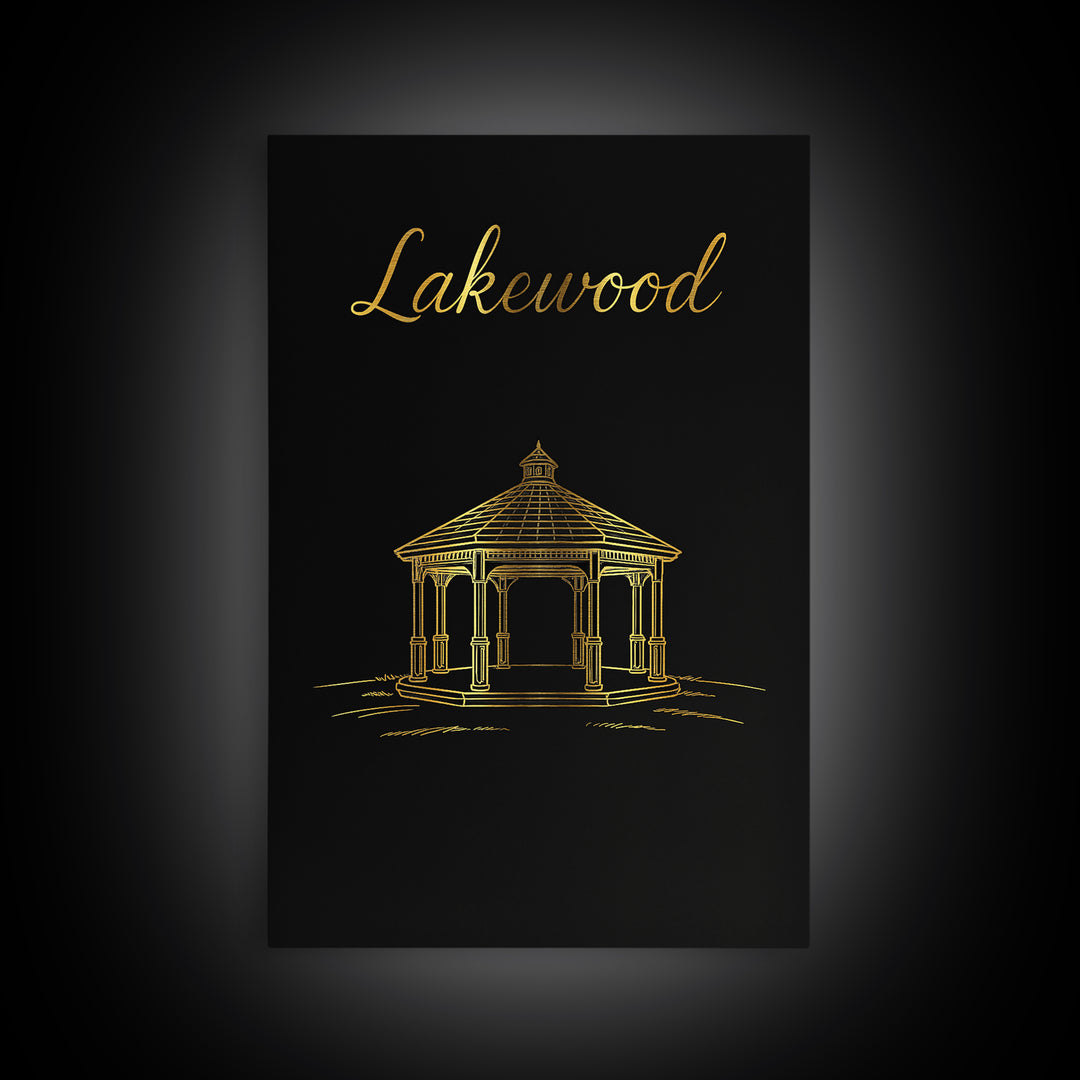 Lakewood Travel Poster, Framed Canvas Print, Black Gold Minimalist Art, Lakewood Wall Art, Travel Wall Art, Mid Century Wall Art