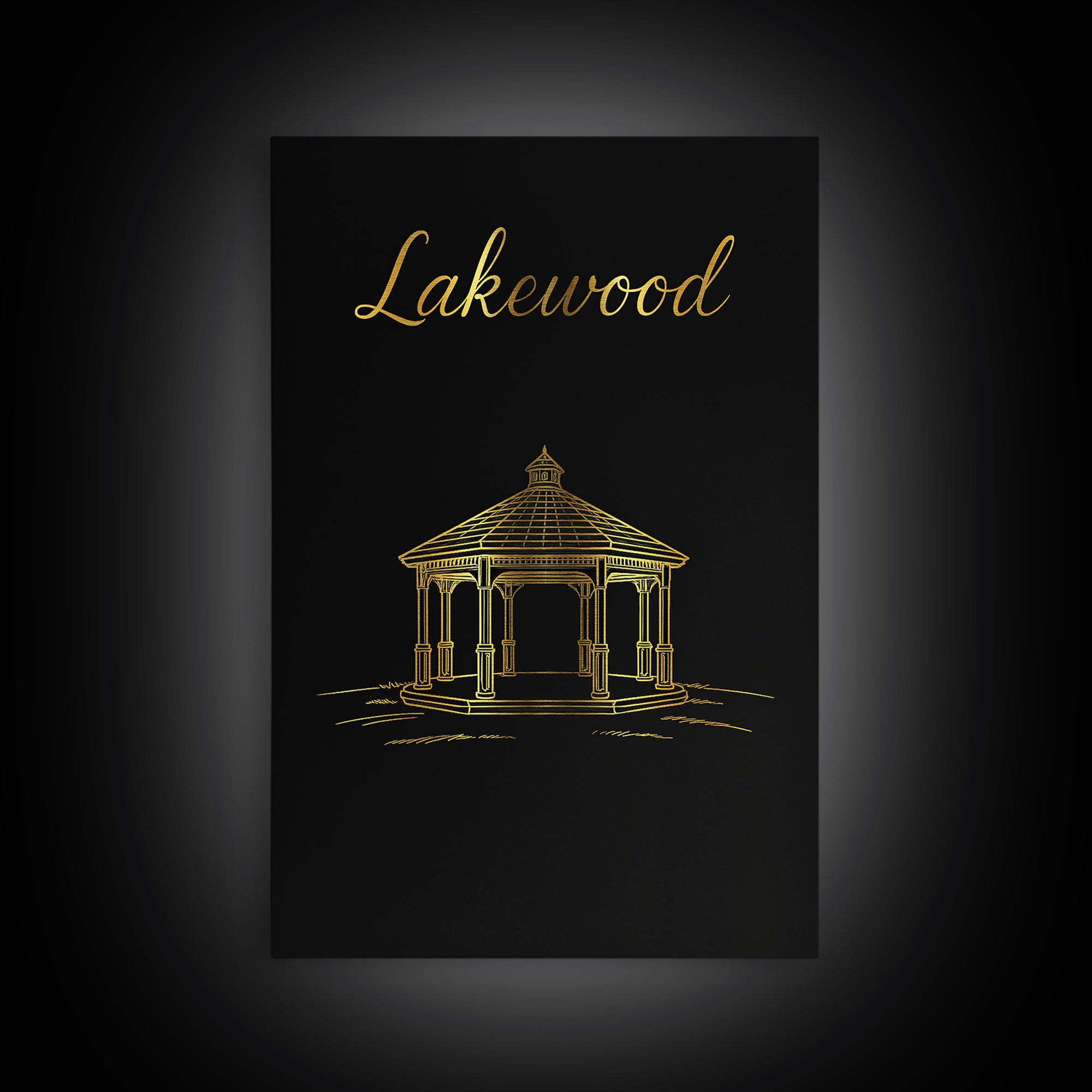 Lakewood Travel Poster, Framed Canvas Print, Black Gold Minimalist Art, Lakewood Wall Art, Travel Wall Art, Mid Century Wall Art