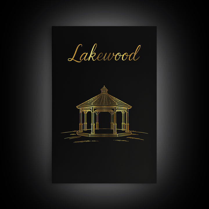 Lakewood Travel Poster, Framed Canvas Print, Black Gold Minimalist Art, Lakewood Wall Art, Travel Wall Art, Mid Century Wall Art