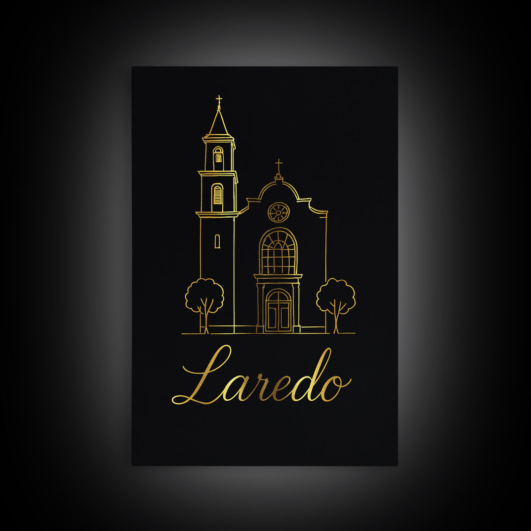 Laredo Travel Poster, Canvas Print, Minimalist Gold Line Art, Laredo Wall Art, Watercolor Skyline, City Art Print, Retro Travel Print