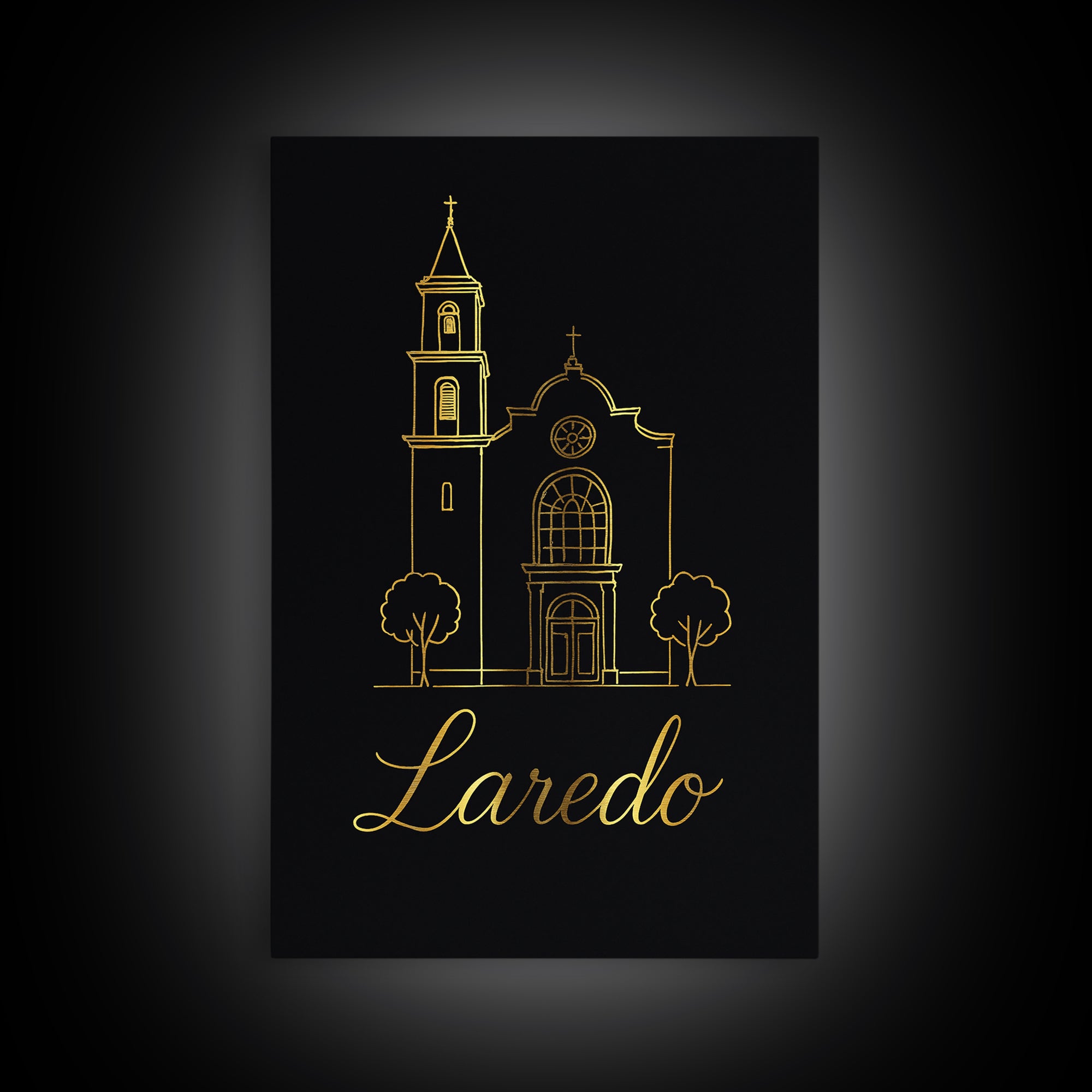 Laredo Travel Poster, Canvas Print, Minimalist Gold Line Art, Laredo Wall Art, Watercolor Skyline, City Art Print, Retro Travel Print