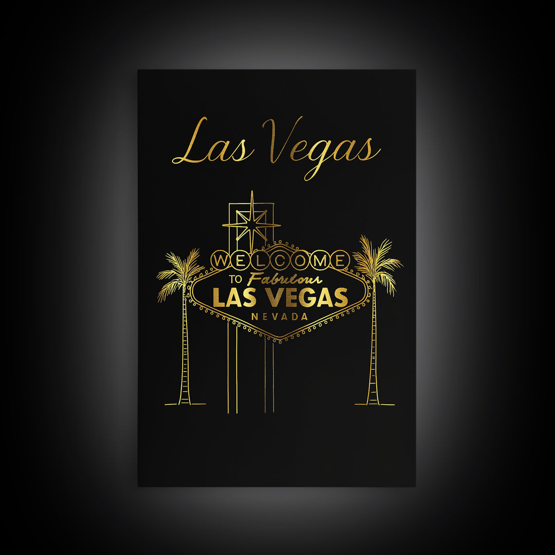 Las Vegas Travel Poster, Framed Canvas Print, Gold Outline Poster Art, Las Vegas Travel Art, City Art Print, Watercolor Skyline