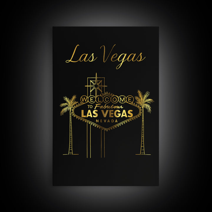 Las Vegas Travel Poster, Framed Canvas Print, Gold Outline Poster Art, Las Vegas Travel Art, City Art Print, Watercolor Skyline