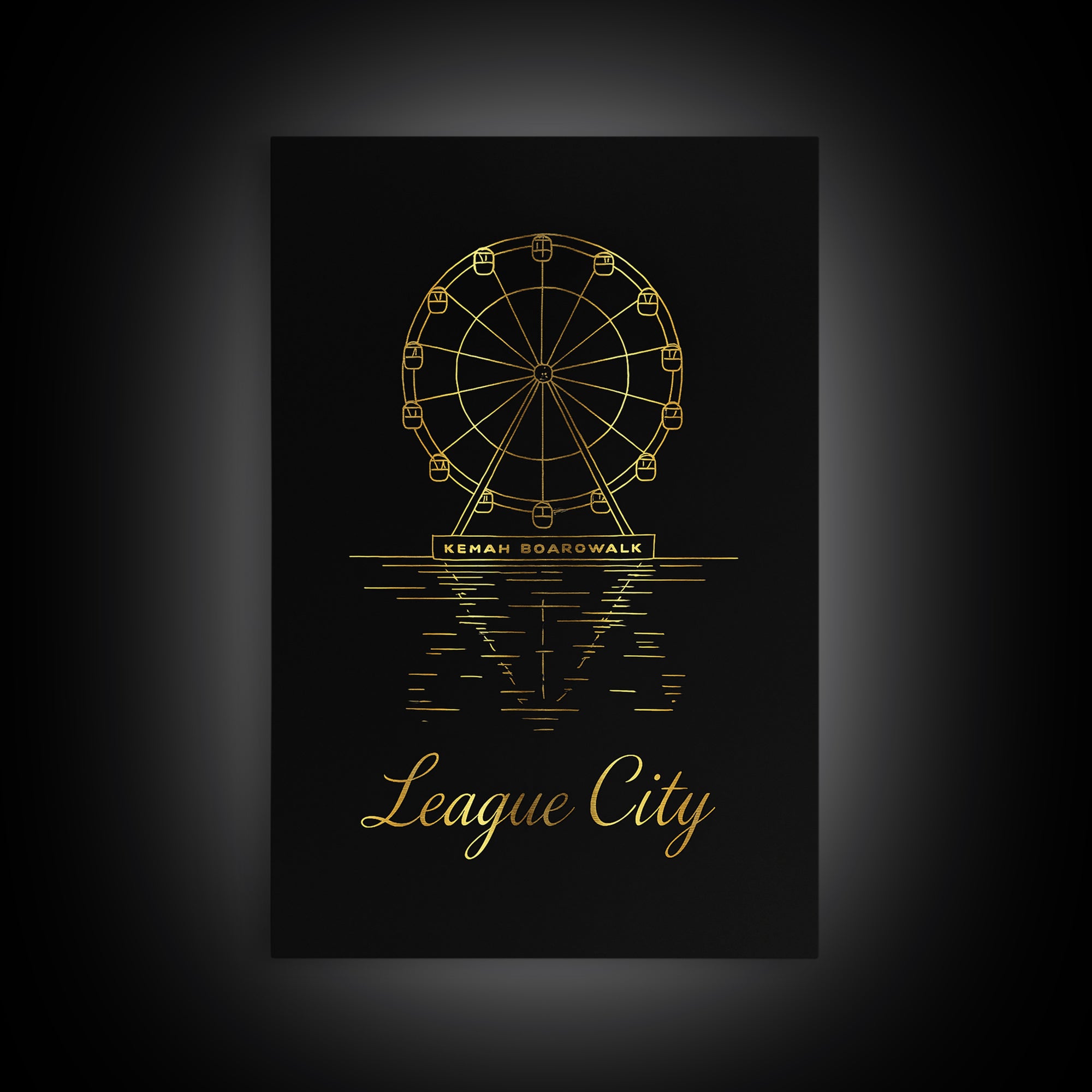 League City Travel Poster, Framed Canvas Print, Minimalist Gold Line Art, League City Wall Art, Watercolor Skyline, Mid Century Wall Art