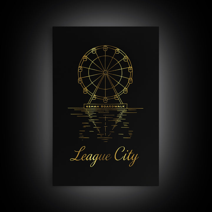 League City Travel Poster, Framed Canvas Print, Minimalist Gold Line Art, League City Wall Art, Watercolor Skyline, Mid Century Wall Art
