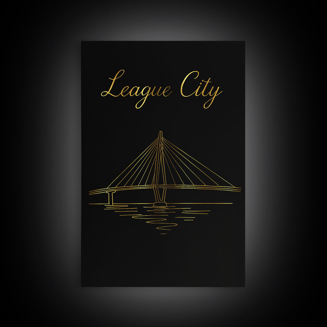 League City Travel Poster, Framed Canvas Print, Gold Outline Poster Art, League City Poster Print, City Art Print, Gift For Travelers
