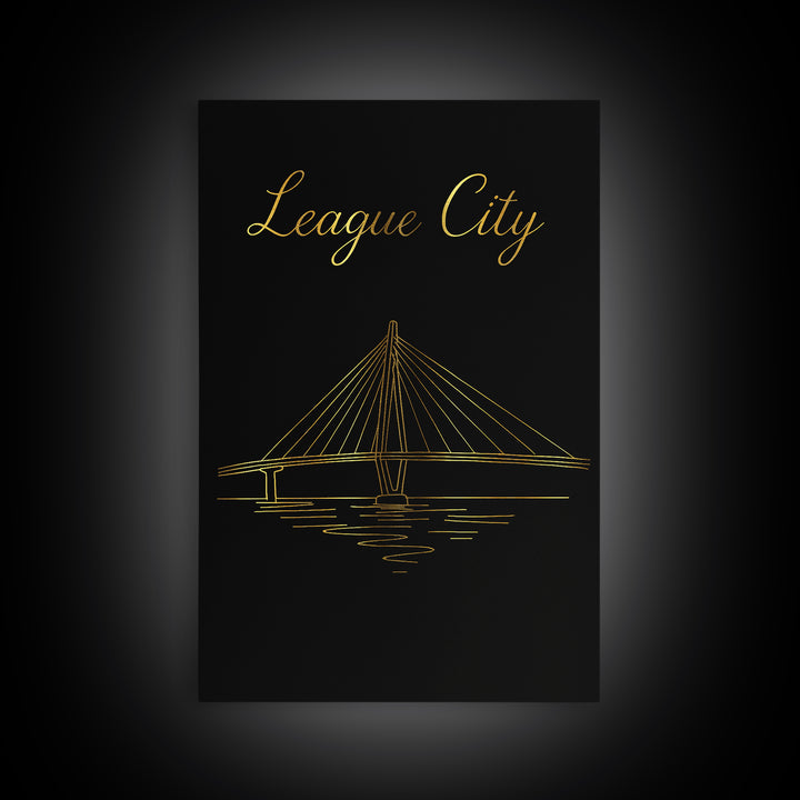 League City Travel Poster, Framed Canvas Print, Gold Outline Poster Art, League City Poster Print, City Art Print, Gift For Travelers
