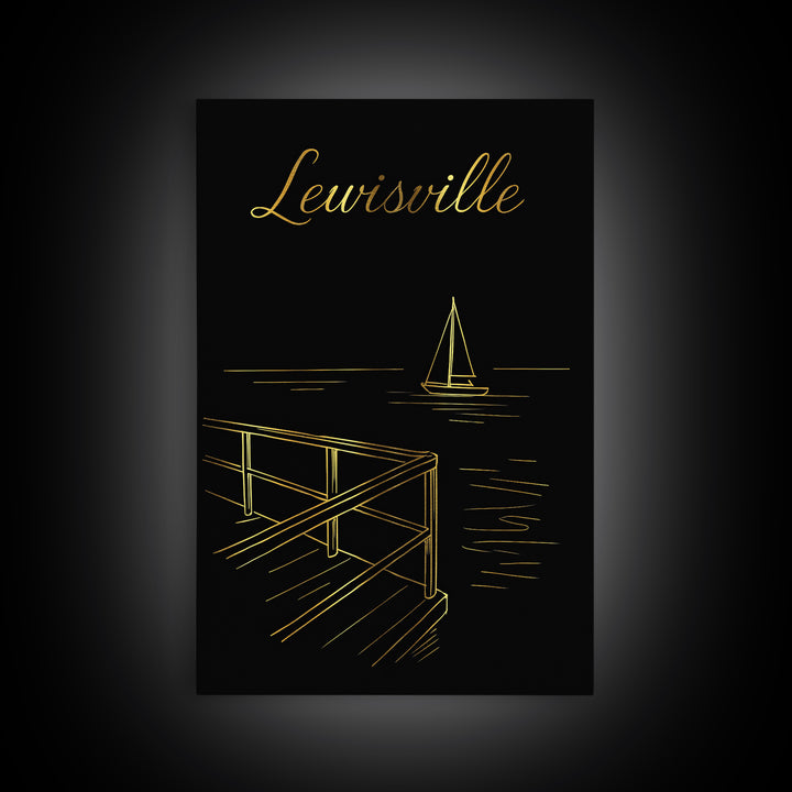 Lewisville Travel Poster, Framed Canvas Print, Dark Minimalist Wall Art, Lewisville Wall Art, Vintage City Poster, Travel Poster Art