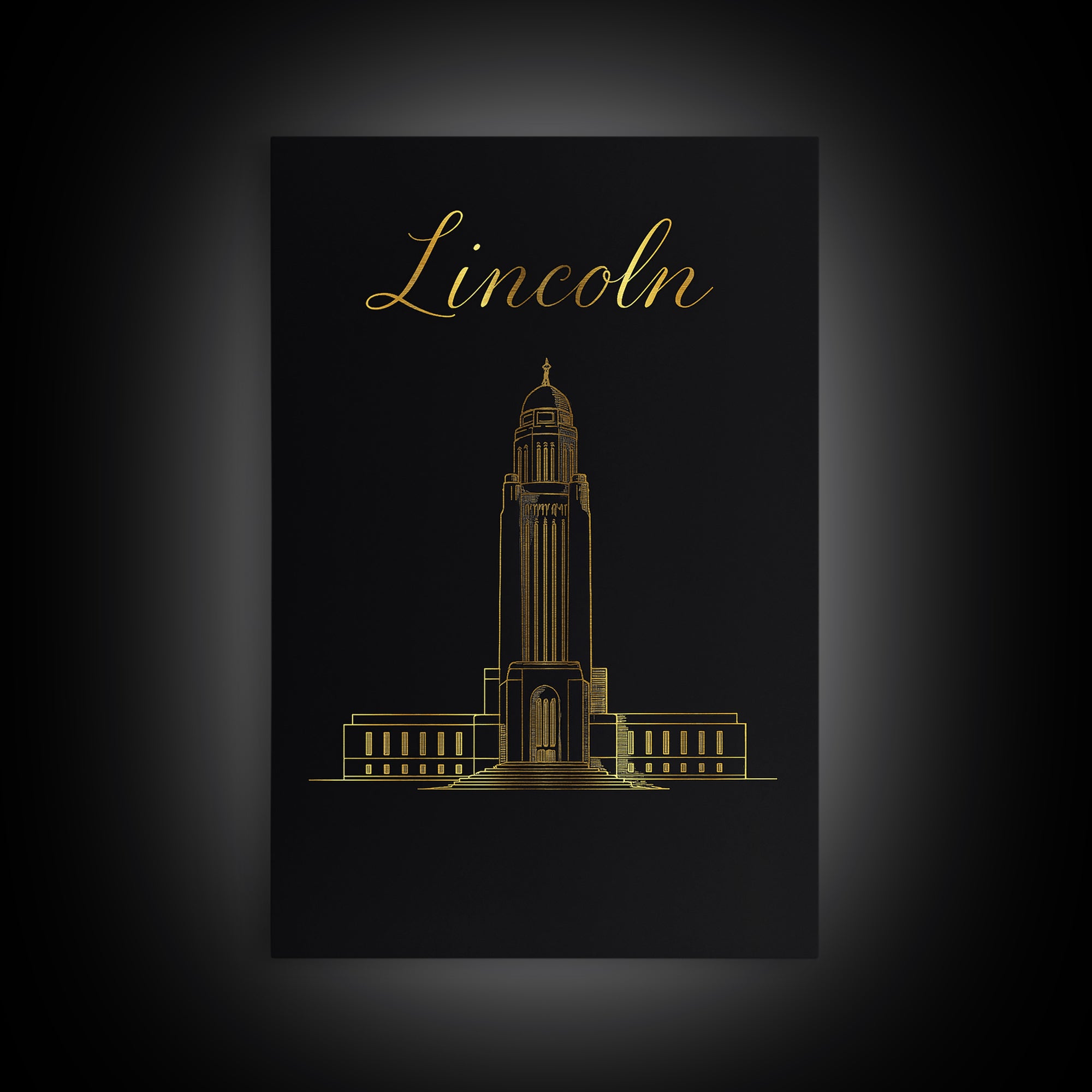 Lincoln Nebraska Travel Poster, Canvas Print, Black Gold Minimalist Art, Lincoln City Art, Gift For Travelers, Office Decor