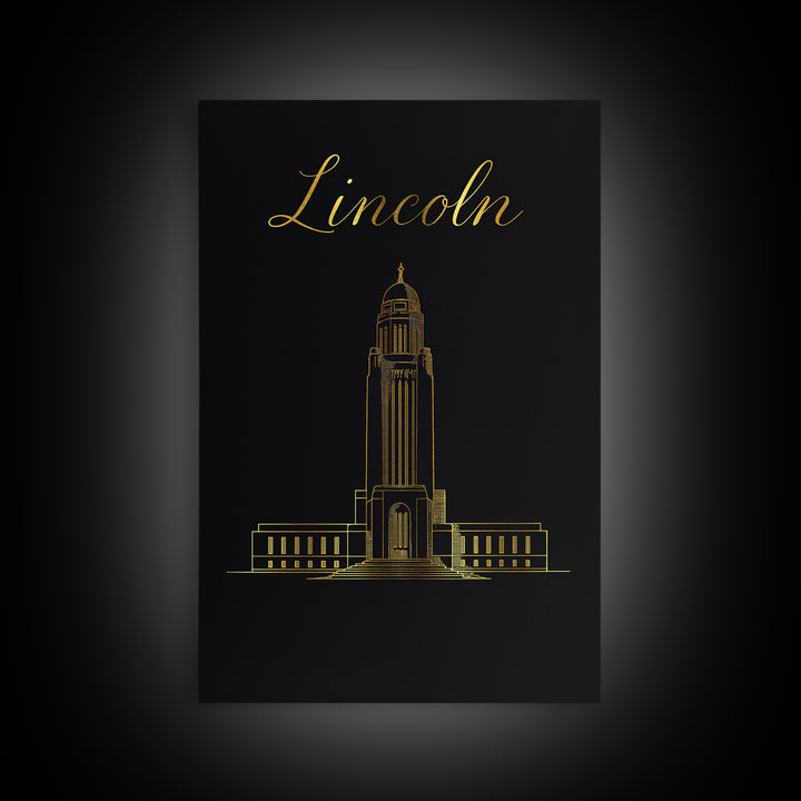 Lincoln Nebraska Travel Poster, Canvas Print, Black Gold Minimalist Art, Lincoln City Art, Gift For Travelers, Office Decor
