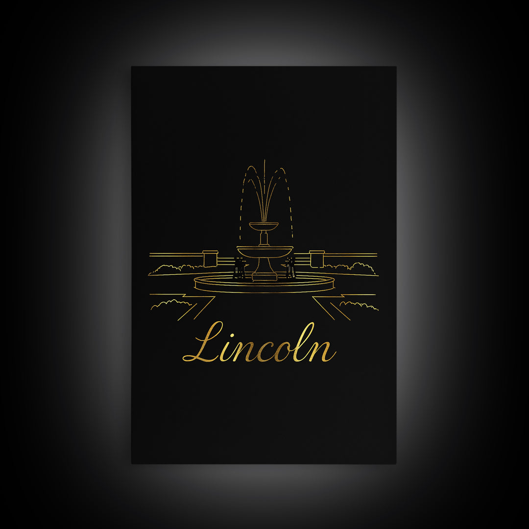Lincoln Travel Poster, Framed Canvas Print, Minimalist Gold Line Art, Lincoln Travel Art, Watercolor Skyline Art, City Illustration