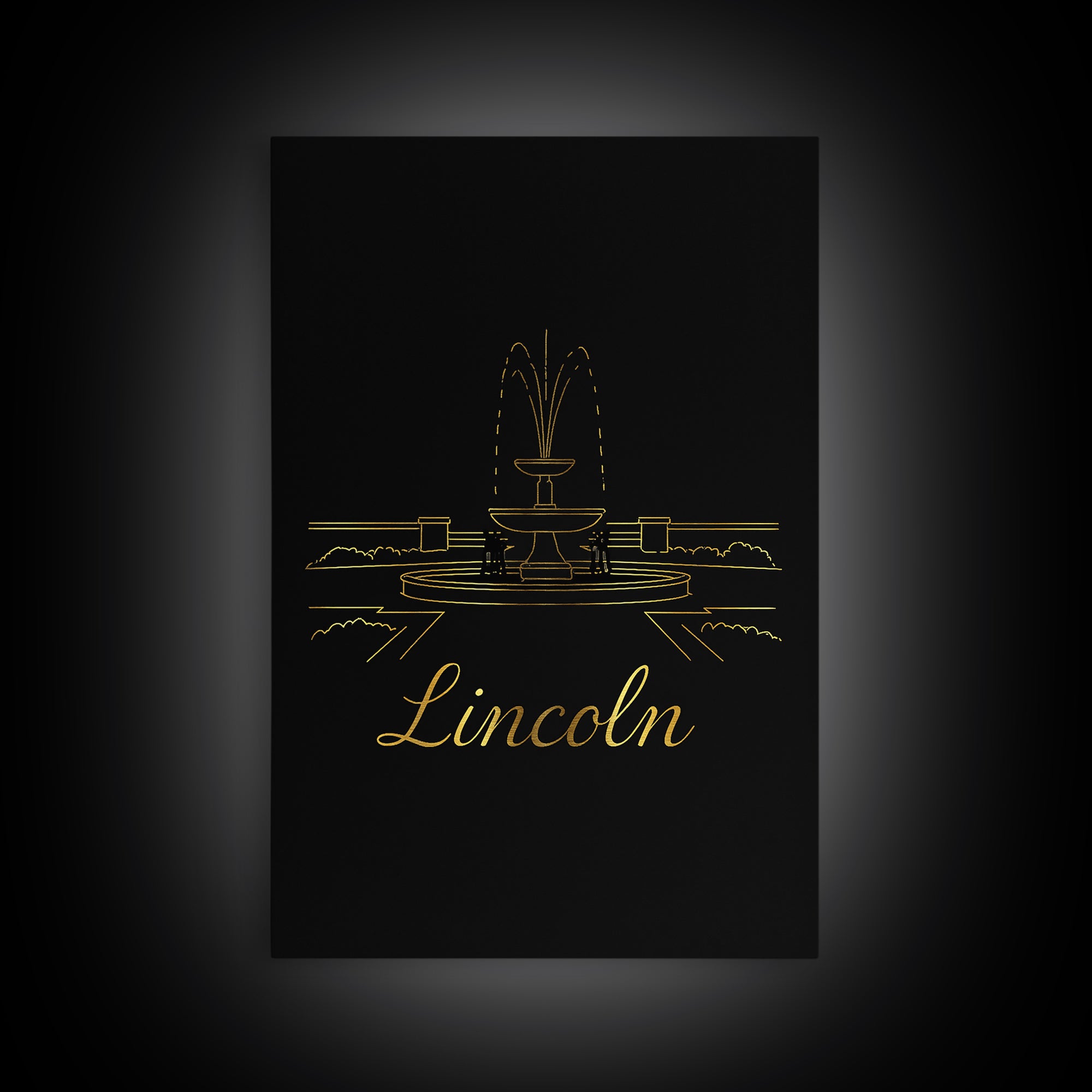 Lincoln Travel Poster, Framed Canvas Print, Minimalist Gold Line Art, Lincoln Travel Art, Watercolor Skyline Art, City Illustration