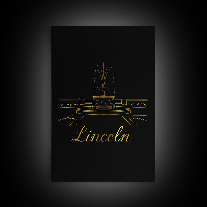 Lincoln Travel Poster, Framed Canvas Print, Minimalist Gold Line Art, Lincoln Travel Art, Watercolor Skyline Art, City Illustration