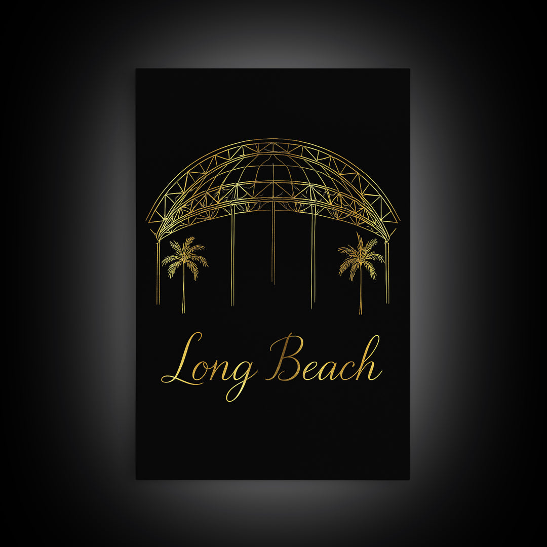 Long Beach Travel Poster, Framed Canvas Print, Black Gold Minimalist Art, Long Beach Travel Art, Eclectic Wall Decor, City Illustration