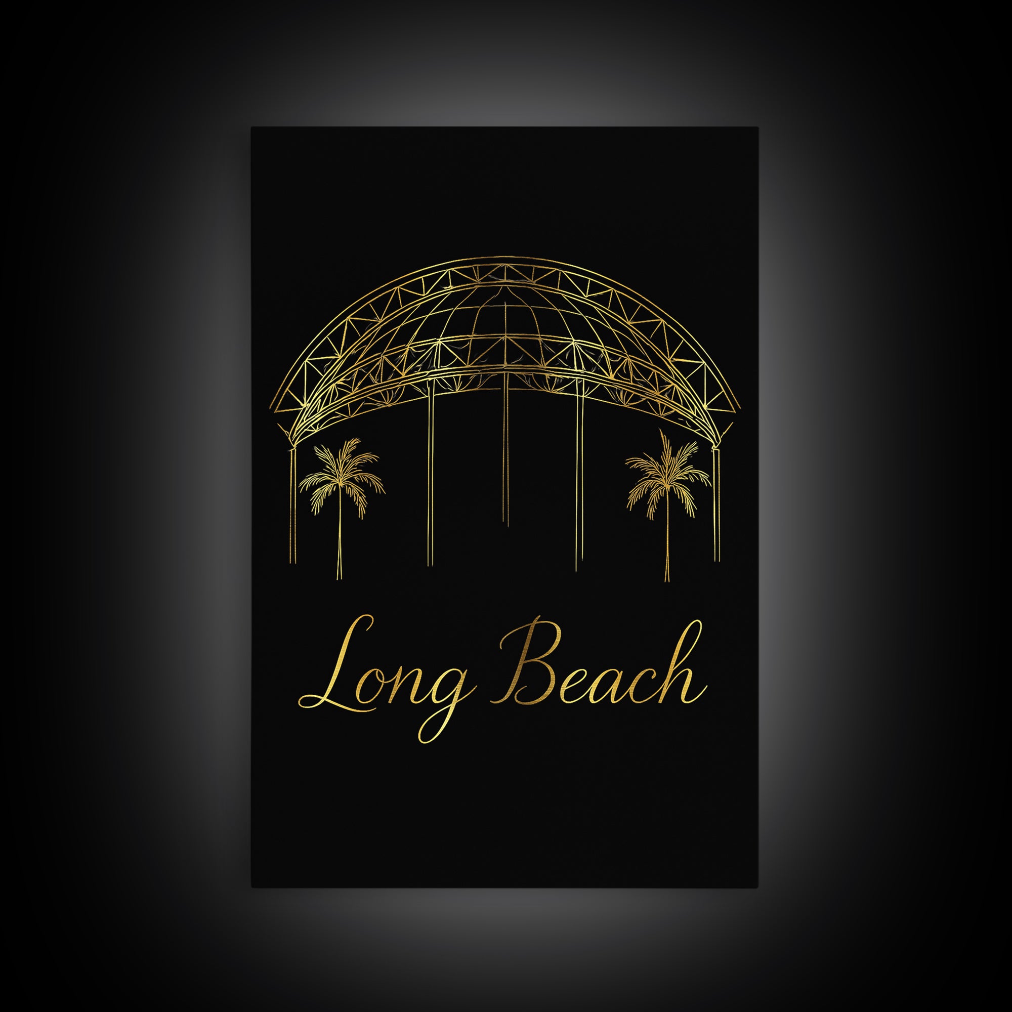 Long Beach Travel Poster, Framed Canvas Print, Black Gold Minimalist Art, Long Beach Travel Art, Eclectic Wall Decor, City Illustration