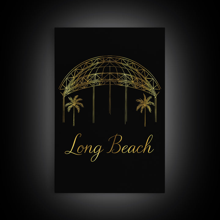 Long Beach Travel Poster, Framed Canvas Print, Black Gold Minimalist Art, Long Beach Travel Art, Eclectic Wall Decor, City Illustration