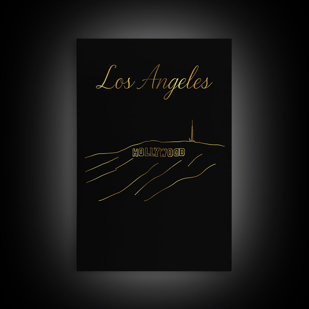 Los Angeles California Travel Poster, Canvas Print, Gold Outline Poster Art, Los Angeles Wall Art, Fine Art Print, Mid Century Wall Art