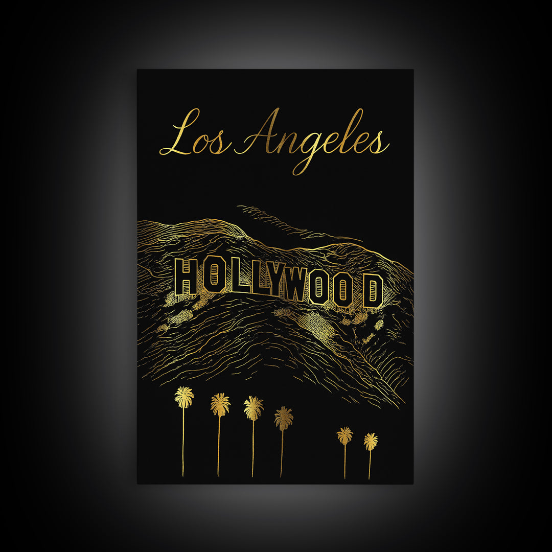 Los Angeles Travel Poster, Canvas Print, Gold Outline Poster Art, Los Angeles Travel Art, Wanderlust Decor, Gift For Travelers
