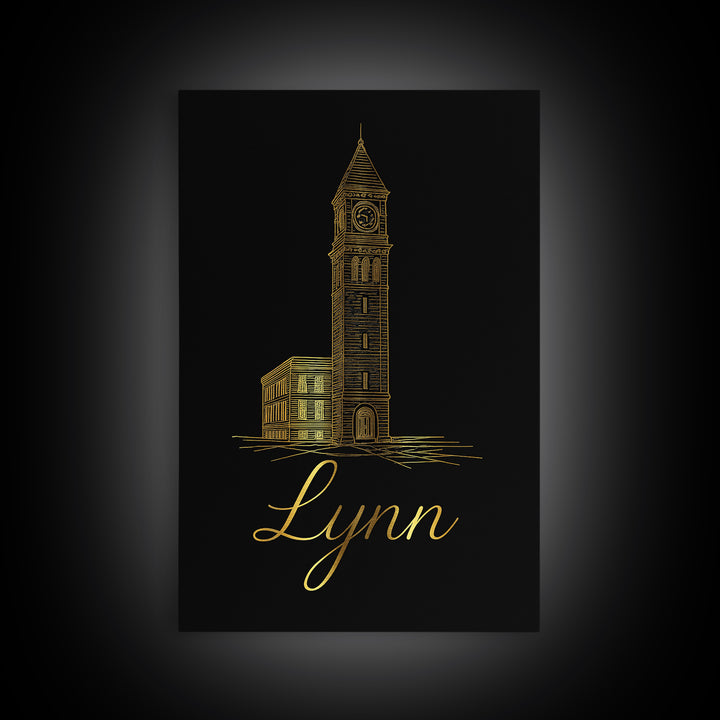 Lynn Massachusetts Travel Poster, Canvas Print, Minimalist Gold Line Art, Lynn City Art, Poster Art, Art Print, Travel Wall Art, Wall Art