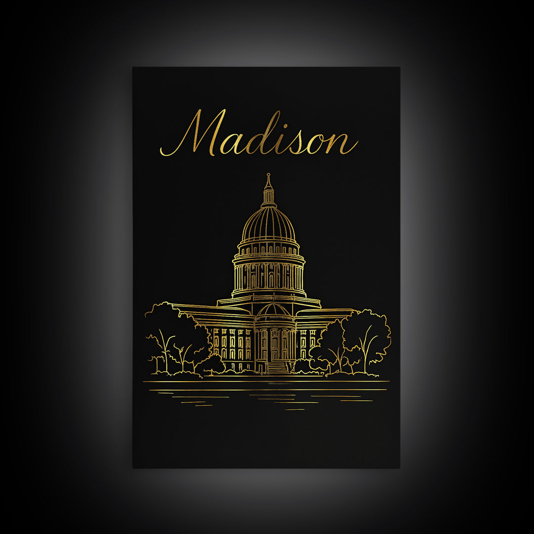 Madison Travel Poster, Canvas Print, Minimalist Gold Line Art, Madison City Art, Travel Art Print, Vintage City Poster, Vintage City Art