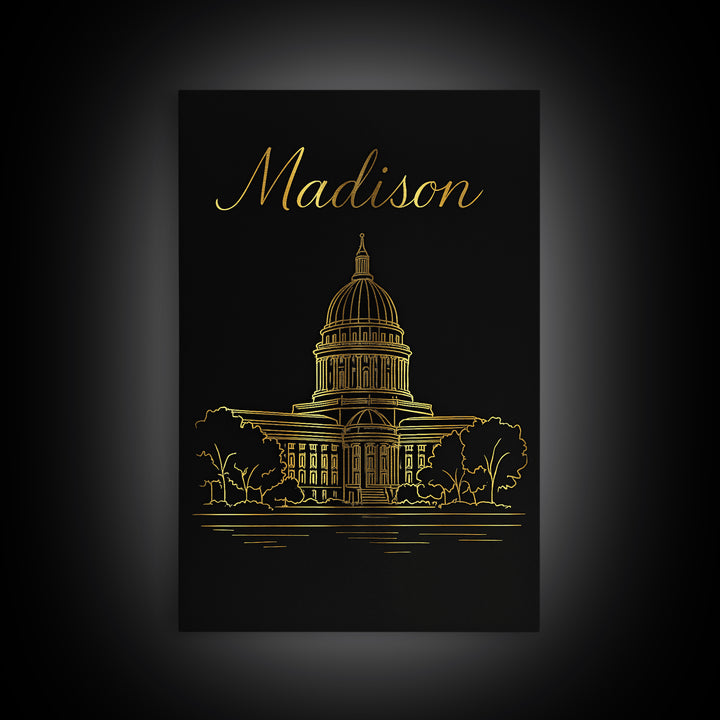 Madison Travel Poster, Canvas Print, Minimalist Gold Line Art, Madison City Art, Travel Art Print, Vintage City Poster, Vintage City Art